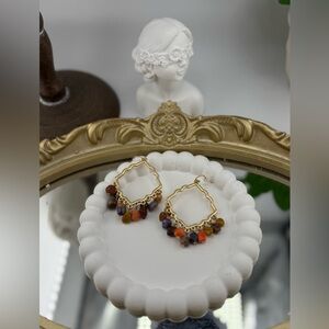 Boho Chic Multicolor Gemstone Dangle Earrings – Gold Frame ✨🌈